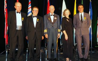 Canada’s Aviation Hall of Fame 2017 inductees include Rogers Smith, left, Robert Deluce, Fern Villeneuve (representing the RCAF Golden Hawks), the late Erroll Boyd (represented by his nominator, Jean Butters) and Daniel Sitnam.